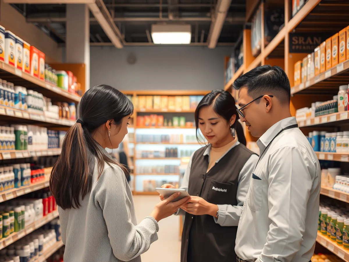 门店运营顾问与商户经理在店内查看销售数据